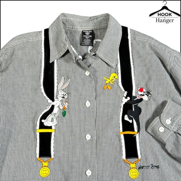 Warner Bros. Studio Store Tops - Vintage Warner Bros Looney Tunes Shirt XL Black White Gingham 90s Faux Suspender